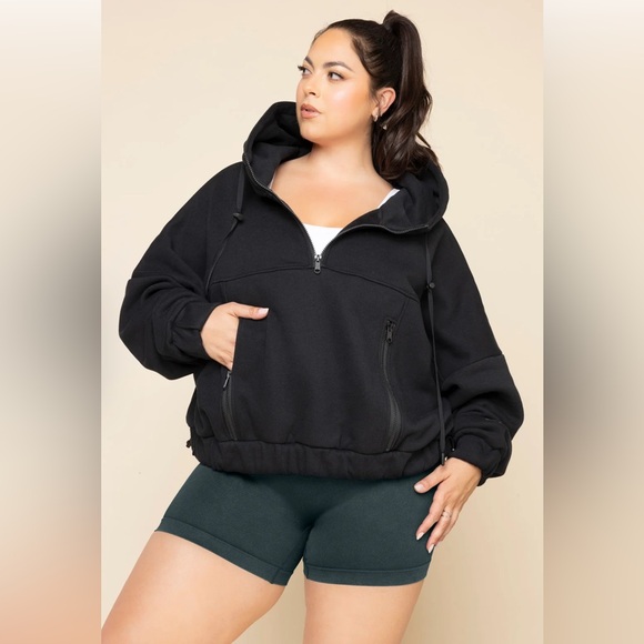 Half Zip Warm Up Hoodie - Black - Picture 1 of 7